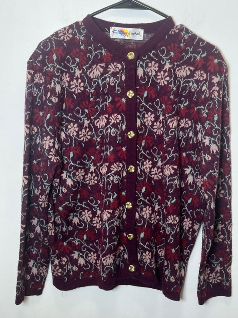 Vintage-Inspired Floral Button Cardigan in Burgundy by The Clever Shepherd LG